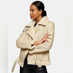 Topshop Cora Faux Shearling Moto Aviator Biker Jacket Cream Ecru Size 4 NWOT